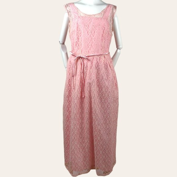 Vintage 1960s MCM Pink Lace Cocktail Dress Gown Long Sheath MOD Princess Core M - Picture 1 of 13